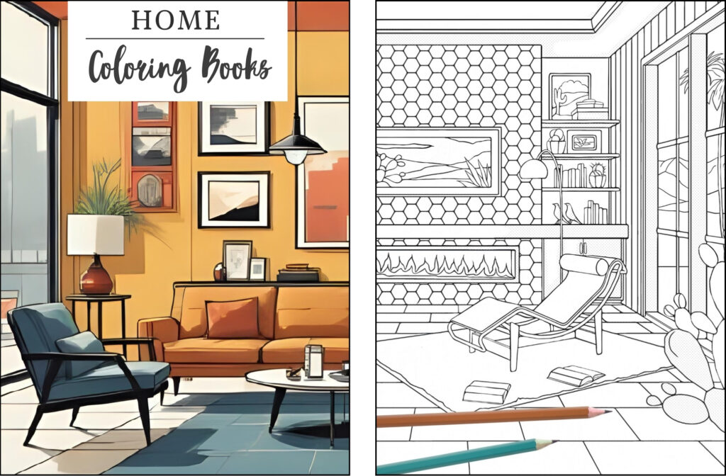 Home Coloring Books for Beginners, explore home styles, home themes such as Mid-Century modern interiors