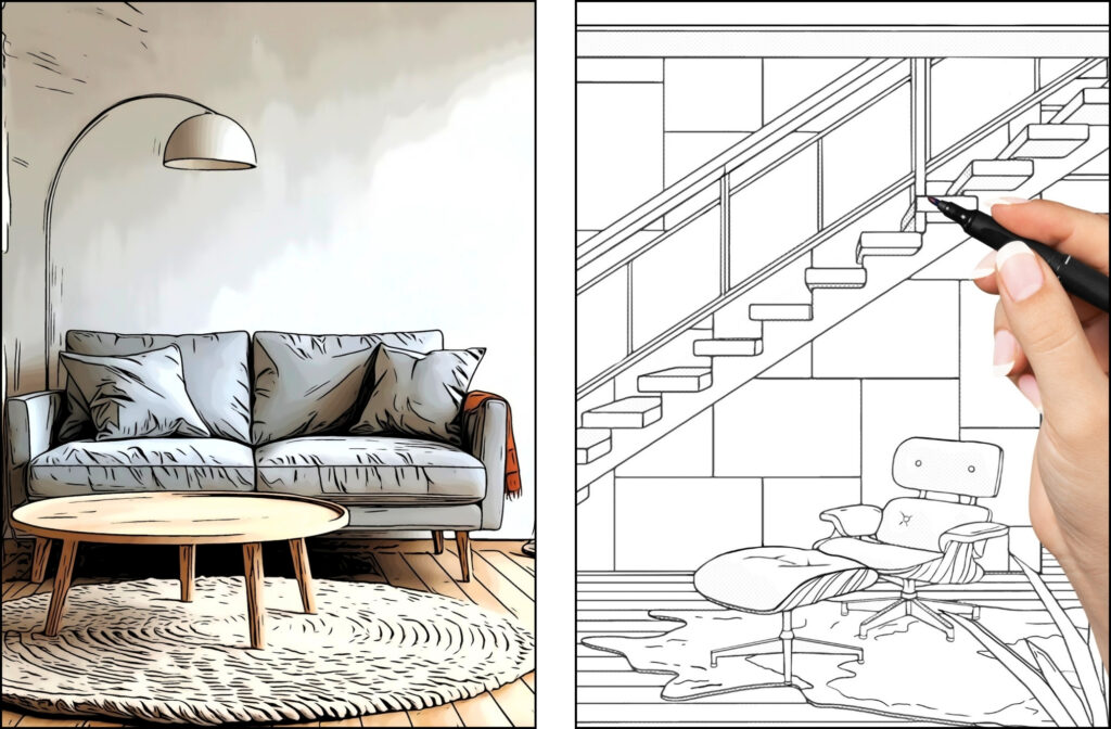 DIY Coloring Book, explore coloring techniques, modern style, desert style, add color and texture