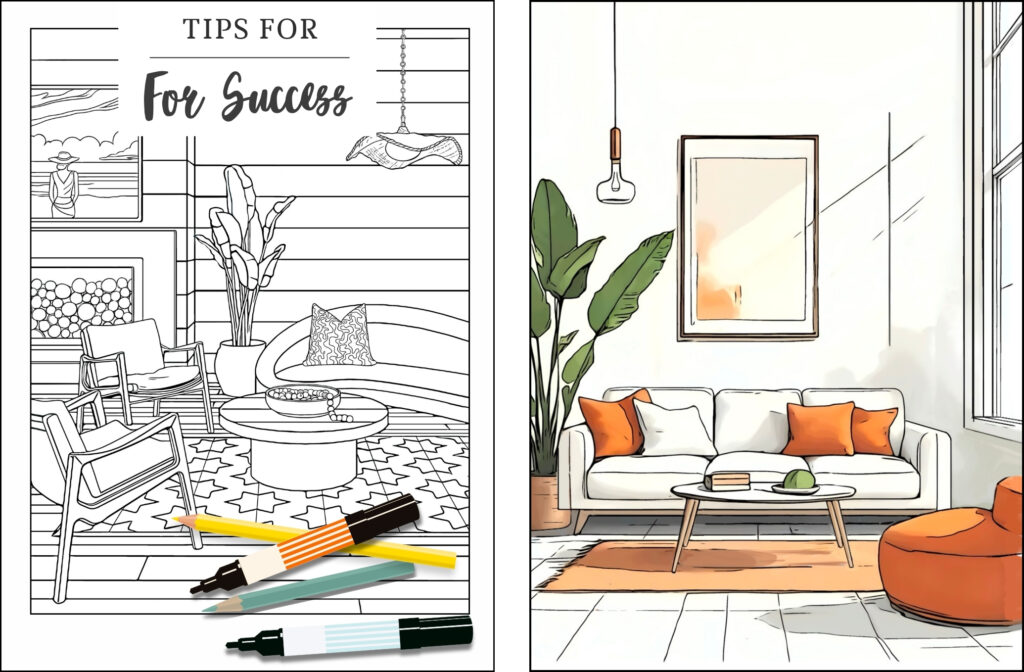 Printable Coloring Page For Beginners, tips for success, working with markers and colored pencils