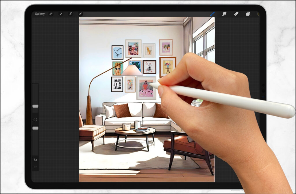 Procreate Interior Renderings, Procreate Interior Design, living room, sofa leather chair, picture wall gallery
