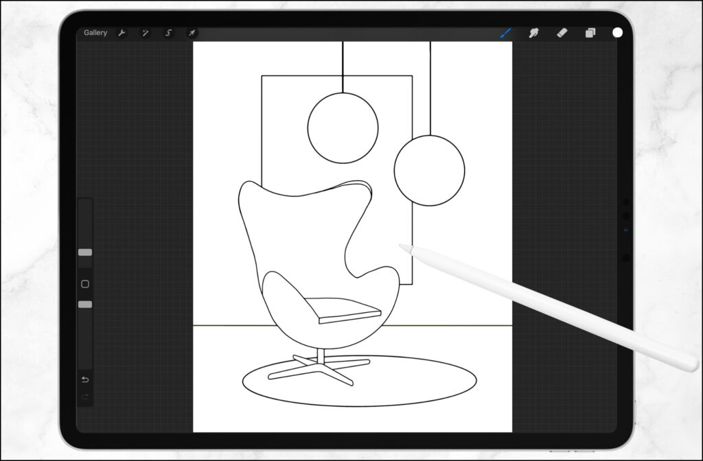 Procreate Interior Design, step by step guide, egg chair, Procreate, Color drop tool