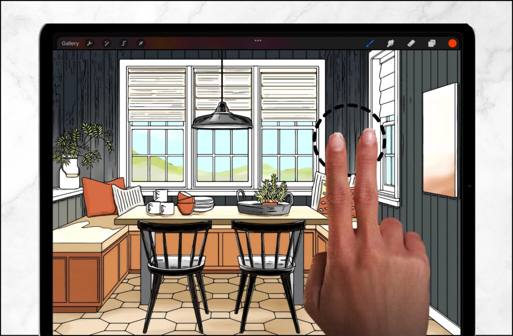 Procreate, digital coloring in Procreate, kitchen, procreate undo feature, 2 tap, two tap undo feature