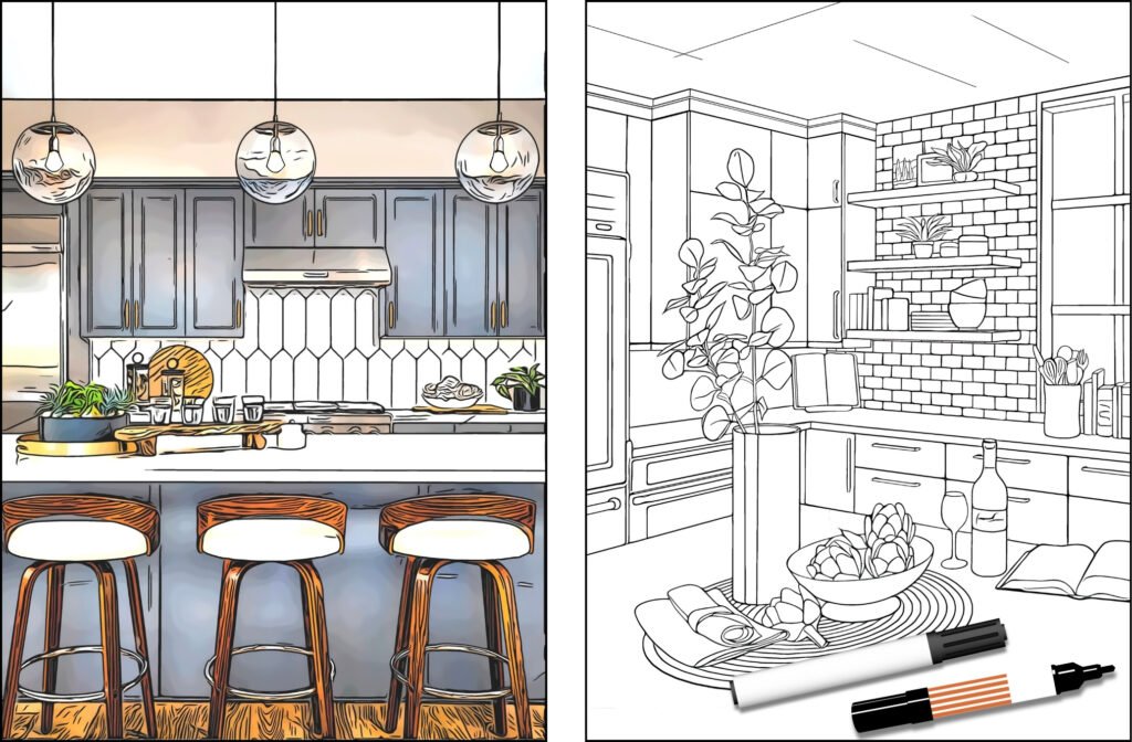 Printable kitchen coloring pages are a great way to explore a variety of color schemes and interior design styles