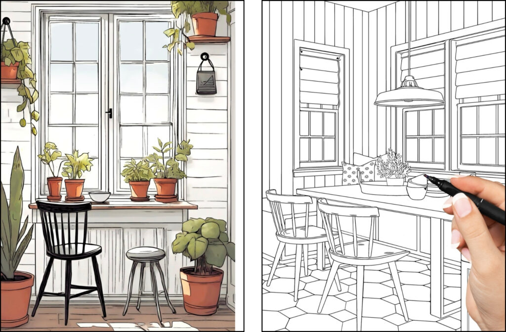 Printable kitchen coloring pages. Quick coloring technique over line drawing