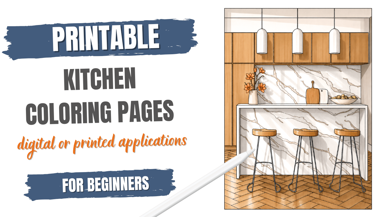 Printable kitchen coloring page featuring a detailed interior design line drawing for coloring, rendering practice, and creative inspiration.